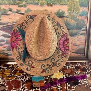 Embroidered Straw Hat with Floral Design